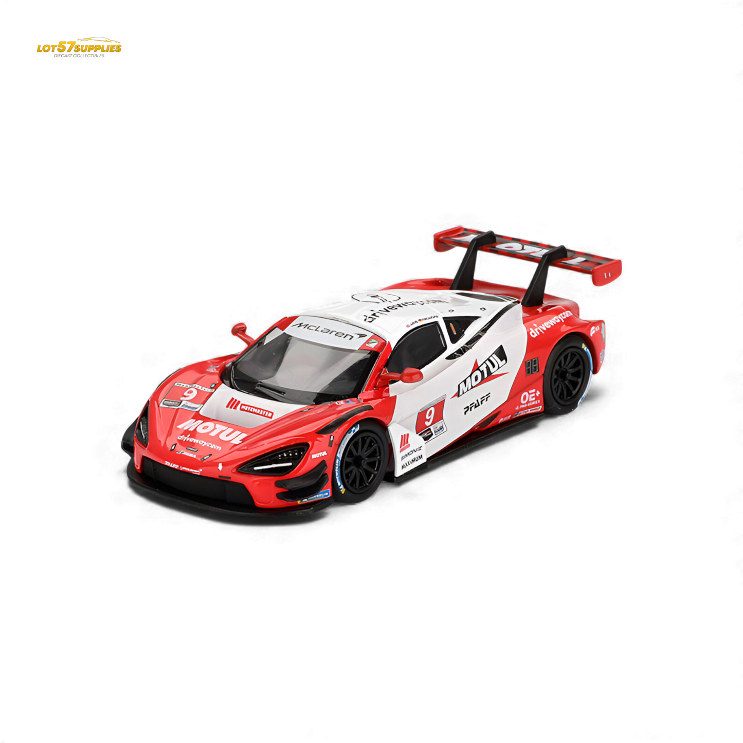 Mini GT McLaren 720S GT3 Evo Pfaff diecast model in 1:64 scale, detailed black and orange racing car with sponsor decals