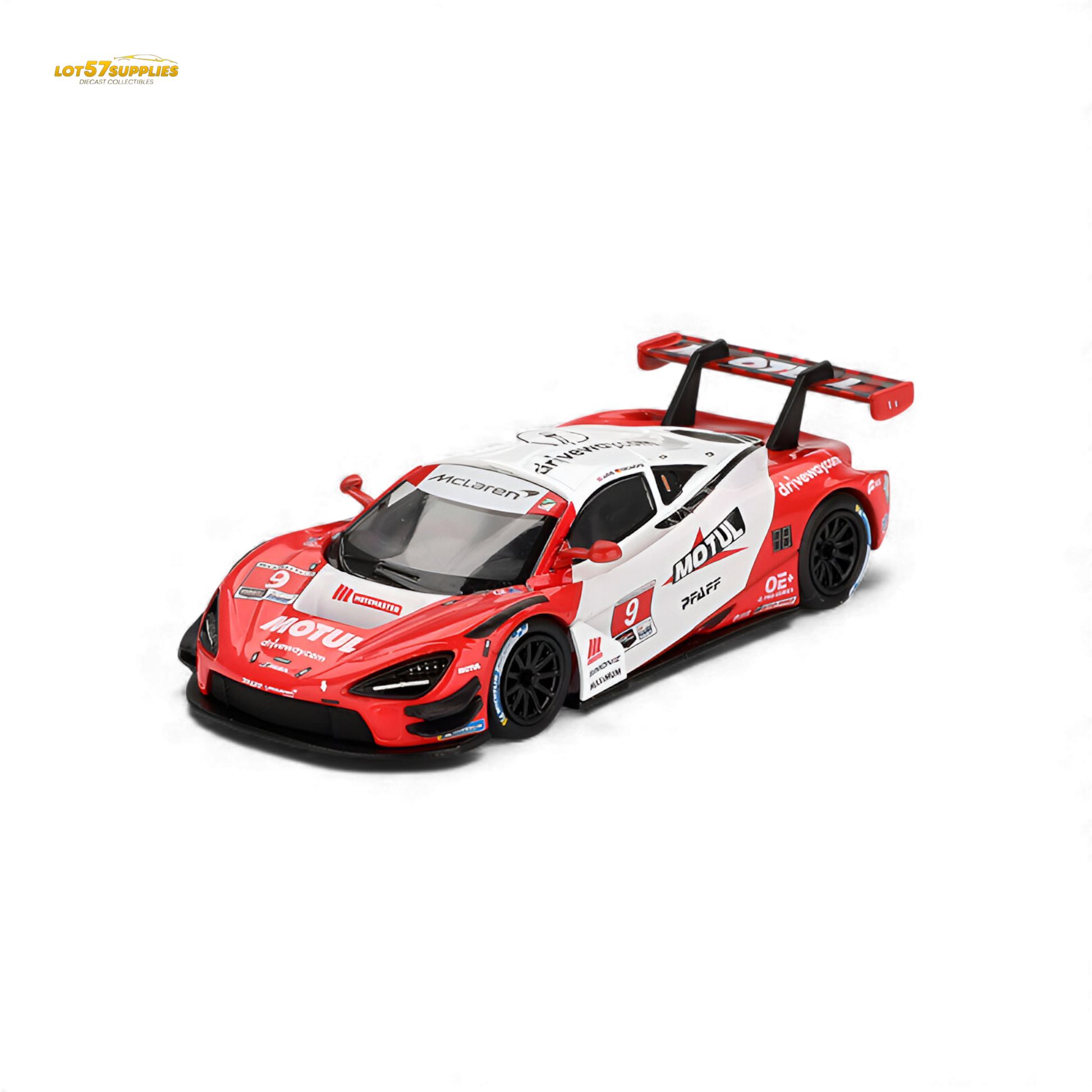 Mini GT McLaren 720S GT3 Evo Pfaff diecast model in 1:64 scale, detailed black and orange racing car with sponsor decals