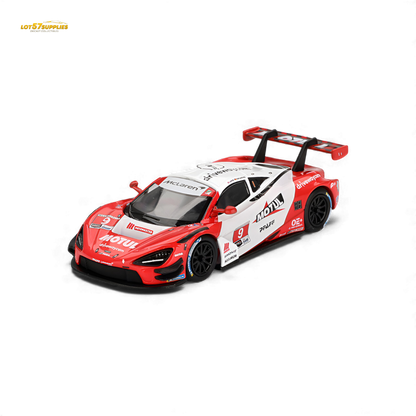 Mini GT McLaren 720S GT3 Evo Pfaff diecast model in 1:64 scale, detailed black and orange racing car with sponsor decals