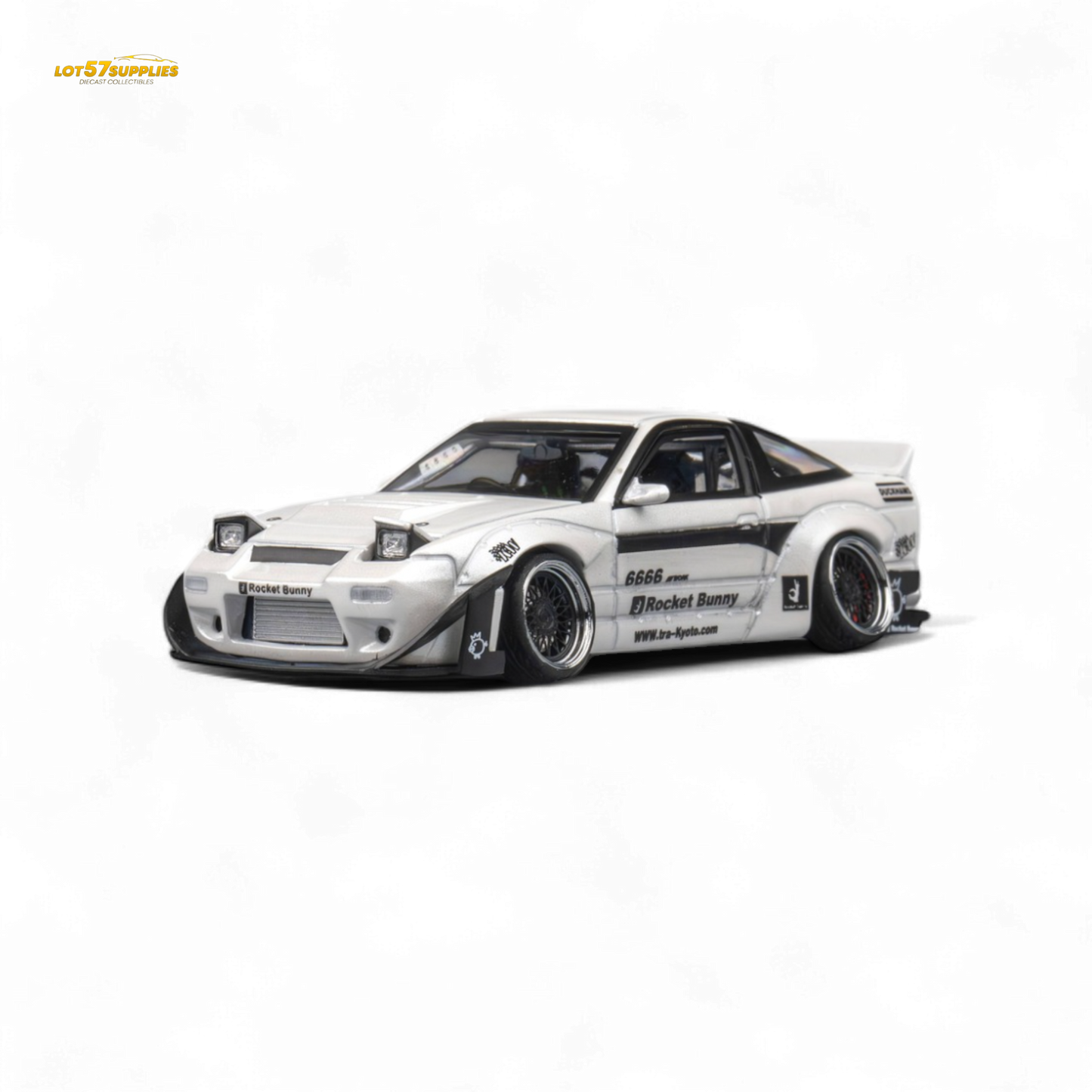 White Nissan 180SX MicroTurbo diecast model with Pandem Rocket Bunny body kit, detailed miniature car in 1:64 scale.