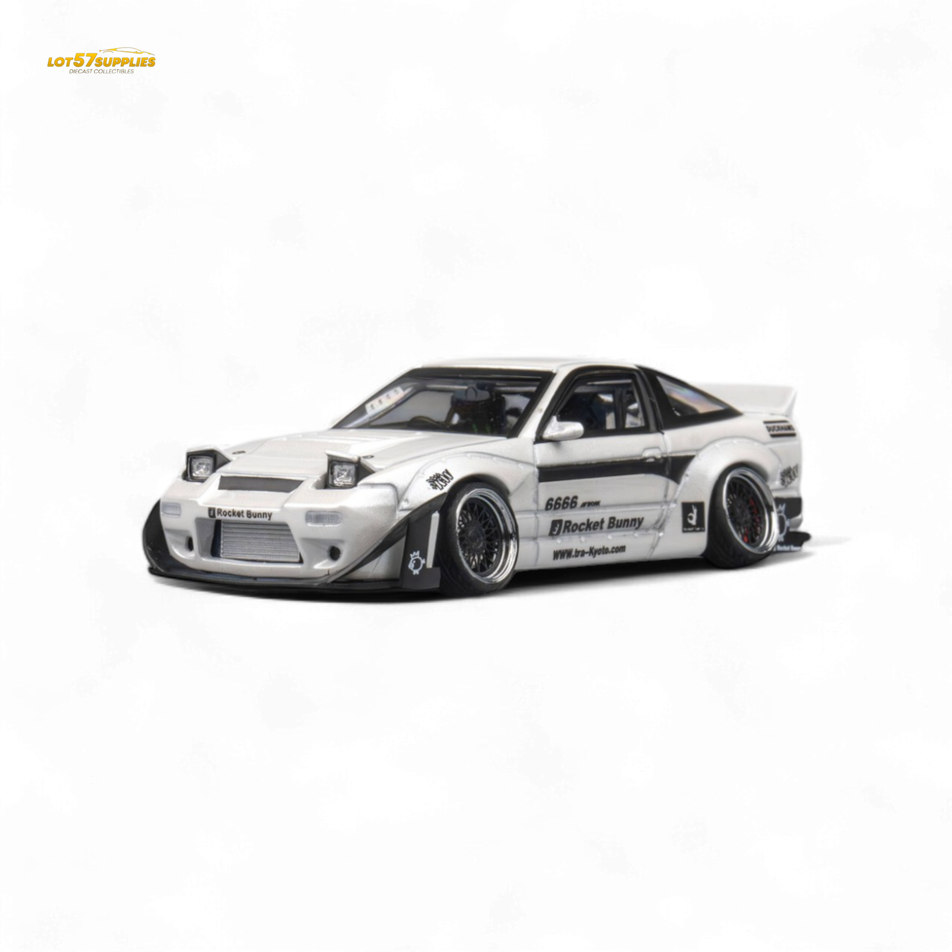 White Nissan 180SX MicroTurbo diecast model with Pandem Rocket Bunny body kit, detailed miniature car in 1:64 scale.