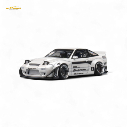 White Nissan 180SX MicroTurbo diecast model with Pandem Rocket Bunny body kit, detailed miniature car in 1:64 scale.
