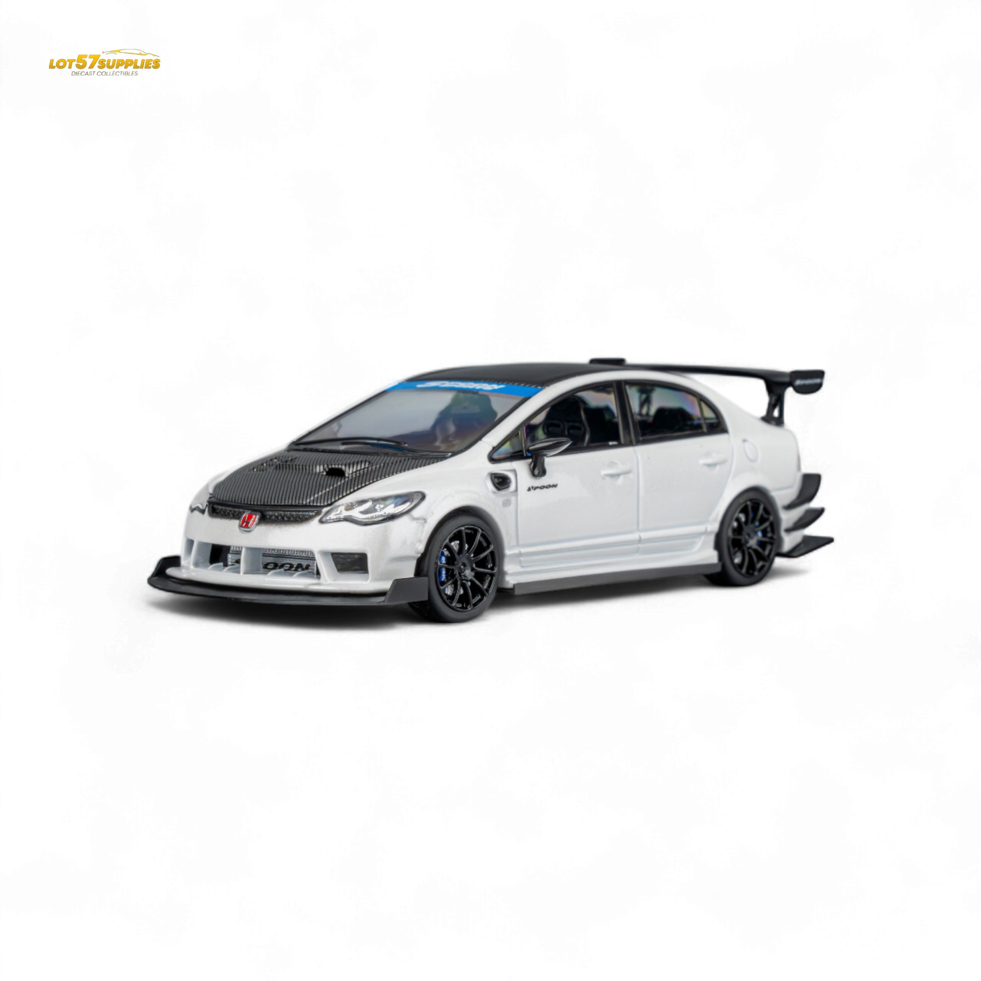 Metallic white Honda Civic Type R FD2 diecast model by Spoon Sports, 1:64 scale, with detailed exterior features and branding.