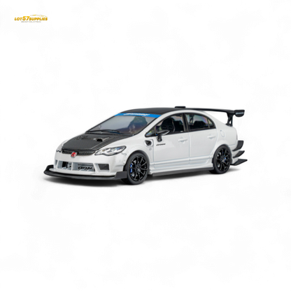 Metallic white Honda Civic Type R FD2 diecast model by Spoon Sports, 1:64 scale, with detailed exterior features and branding.