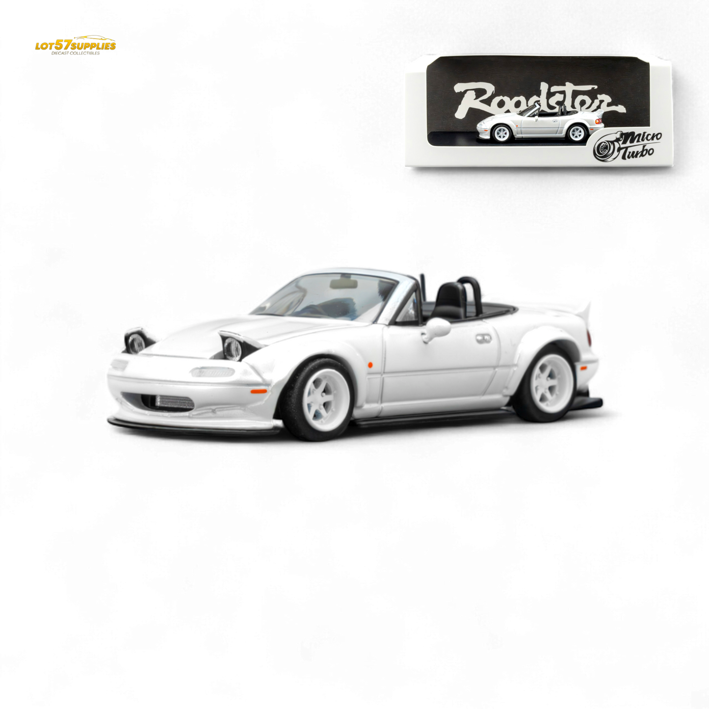 Metallic white Mazda Microturbo Custom MX5 diecast model car with Rocket Bunny body kit, 1:64 scale from Lot57Supplies Diecast Shop