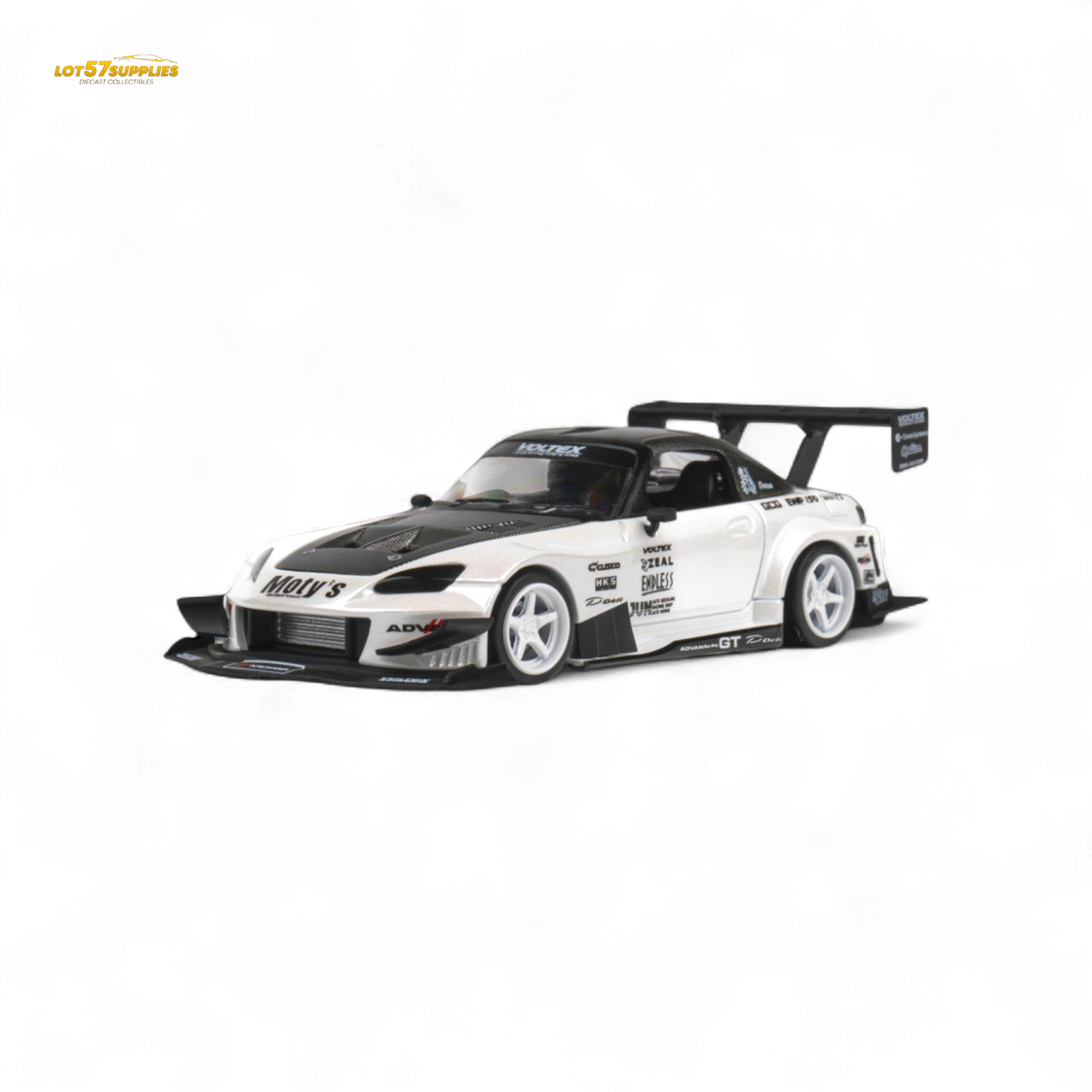 White Honda Microturbo diecast model of a Honda S2000, 1:64 scale, featuring detailed metallic finish and realistic design.