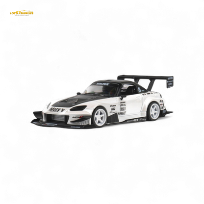 White Honda Microturbo diecast model of a Honda S2000, 1:64 scale, featuring detailed metallic finish and realistic design.