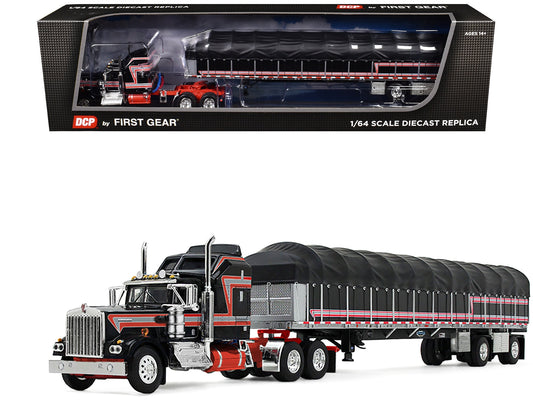 Kenworth W900A with 60" Aerodyne Sleeper and 53' Wilson Roadbrute Flatbed Trailer with Covered Wagon Black with Red Stripes 1/64 Diecast Model by DCP/First Gear