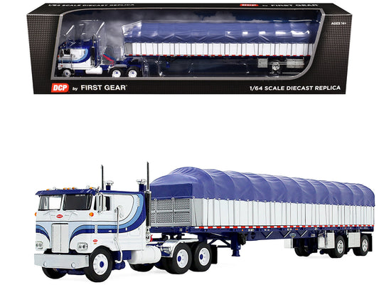 Peterbilt 352 COE 110" Sleeper and 53' Wilson Roadbrute Flatbed Trailer with Covered Wagon White with Blue Stripes 1/64 Diecast Model by DCP/First Gear