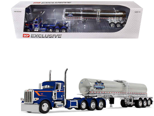 Peterbilt 389 Tri-Axle Day Cab and Walker Food Grade Tank Trailer "Finnesgard Trucking" Blue with Orange Stripes 1/64 Diecast Model by DCP/First Gear