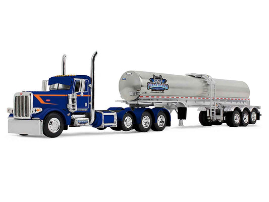 Peterbilt 389 Tri-Axle Day Cab and Walker Food Grade Tank Trailer "Finnesgard Trucking" Blue with Orange Stripes 1/64 Diecast Model by DCP/First Gear