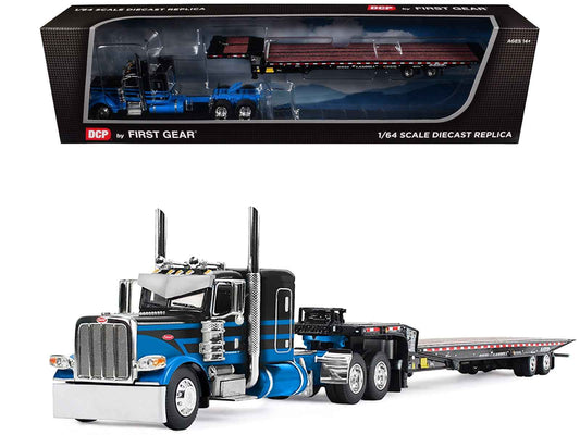 Peterbilt 389 with 48" Flat Top Sleeper and Landoll 440B-50CA Traveling Axle Trailer Black with Blue Stripes 1/64 Diecast Model by DCP/First Gear