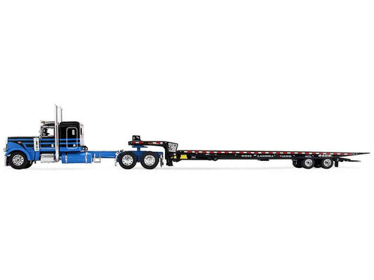 Peterbilt 389 with 48" Flat Top Sleeper and Landoll 440B-50CA Traveling Axle Trailer Black with Blue Stripes 1/64 Diecast Model by DCP/First Gear