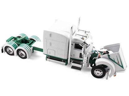 Peterbilt 389 with 63" Mid-Roof Sleeper and 53' Utility Trailer White with Green Stripes 1/64 Diecast Model by DCP/First Gear