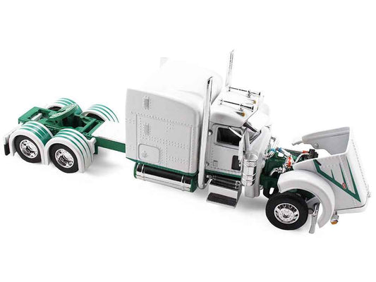 Peterbilt 389 with 63" Mid-Roof Sleeper and 53' Utility Trailer White with Green Stripes 1/64 Diecast Model by DCP/First Gear