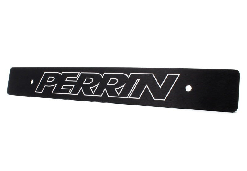 JDMuscle Perrin reversible black license plate delete for Subaru WRX, STI, and BRZ models, showing sleek black finish and mounting area.