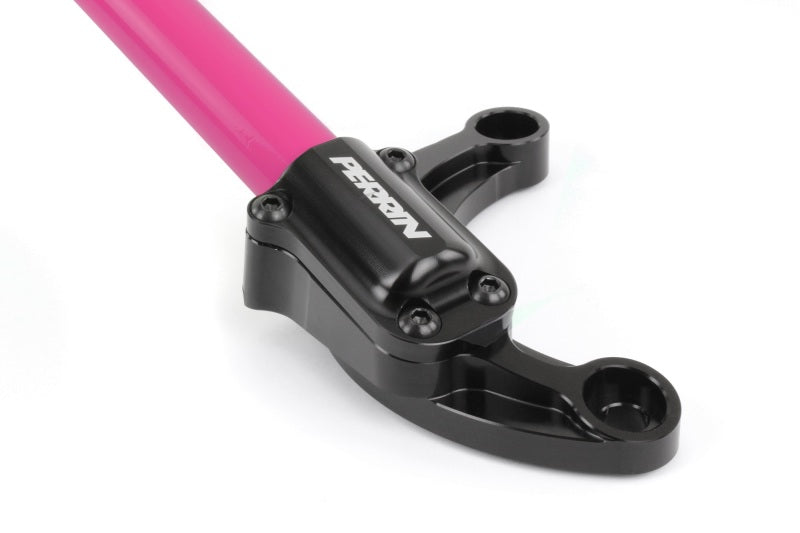 JDMuscle Perrin front strut brace for 2008-2021 Subaru WRX/STI in vibrant hyper pink, mounted on vehicle's engine bay.