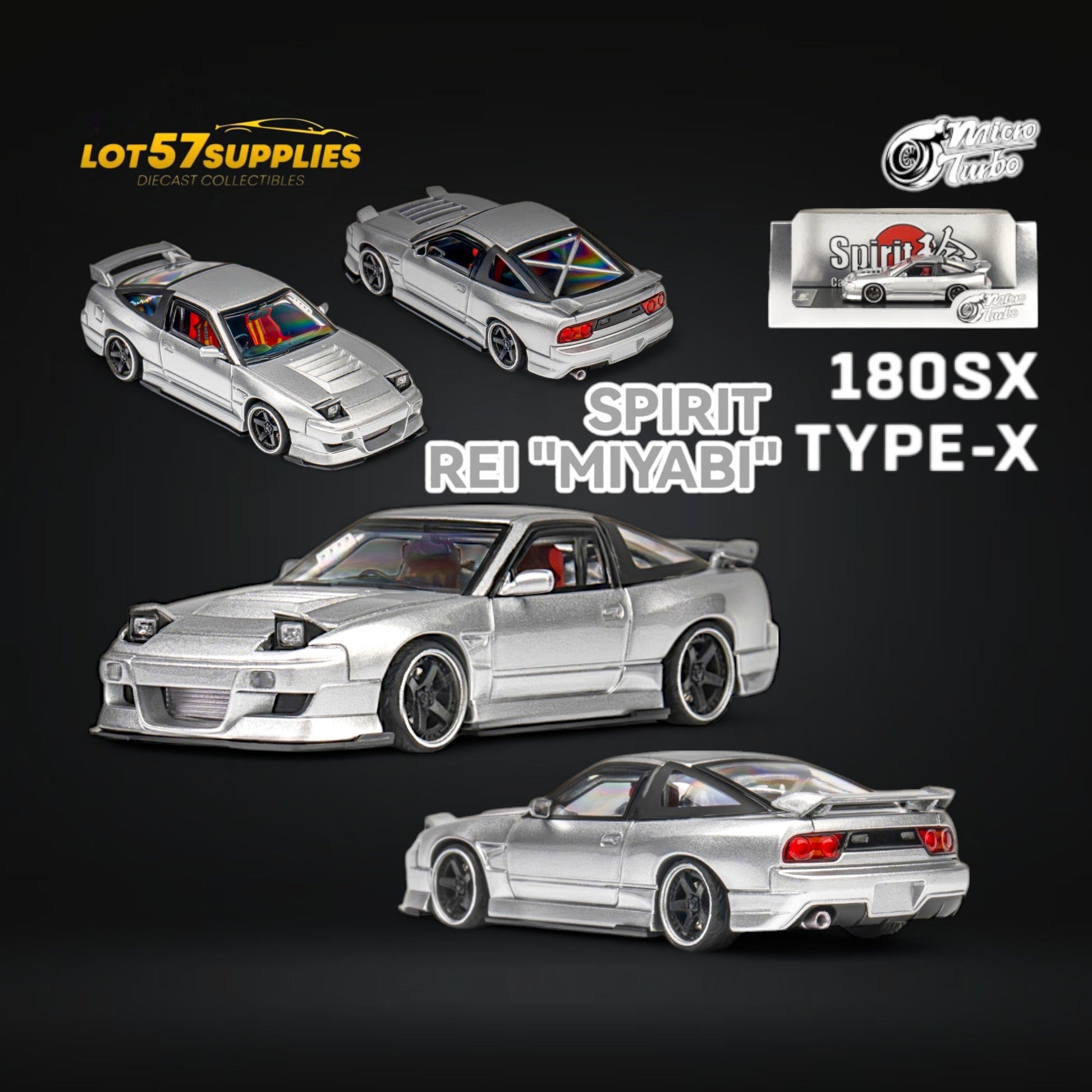MicroTurbo Nissan 180SX Miyabi metallic silver diecast model by Lot57Supplies, detailed 1:64 scale car image.