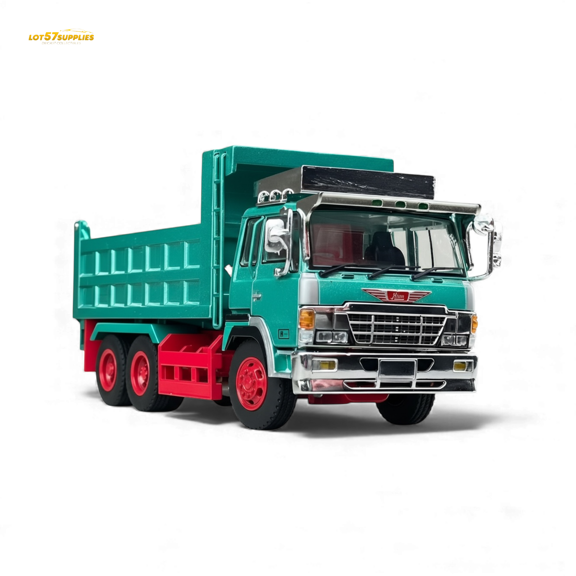 Green Hino Super Dolphin dump truck diecast model in 1:64 scale, detailed miniature vehicle for collectors.