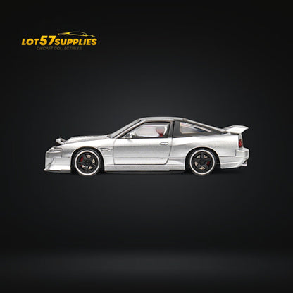 MicroTurbo Nissan 180SX Miyabi metallic silver diecast model, 1:64 scale, detailed miniature car with shiny silver finish.