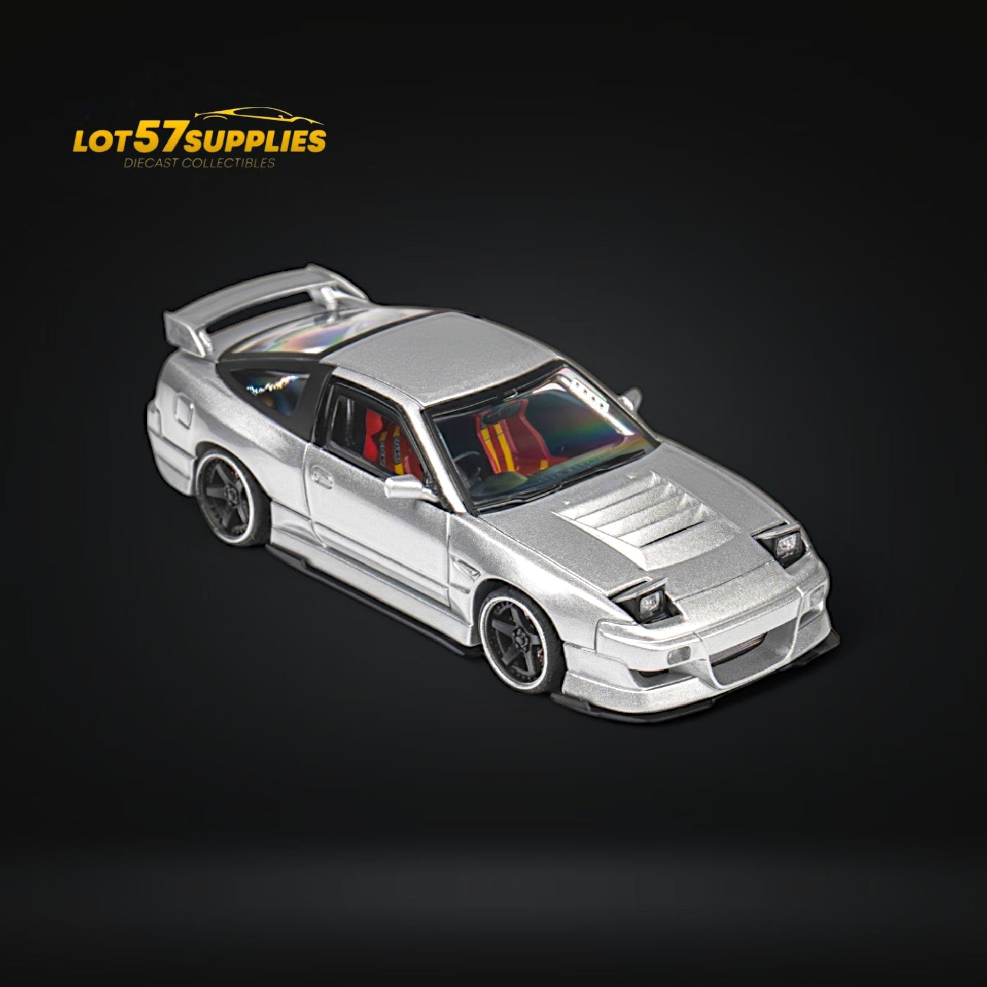 MicroTurbo Nissan 180SX Miyabi diecast model in metallic silver, 1:64 scale, featuring detailed Nissan design and branding.