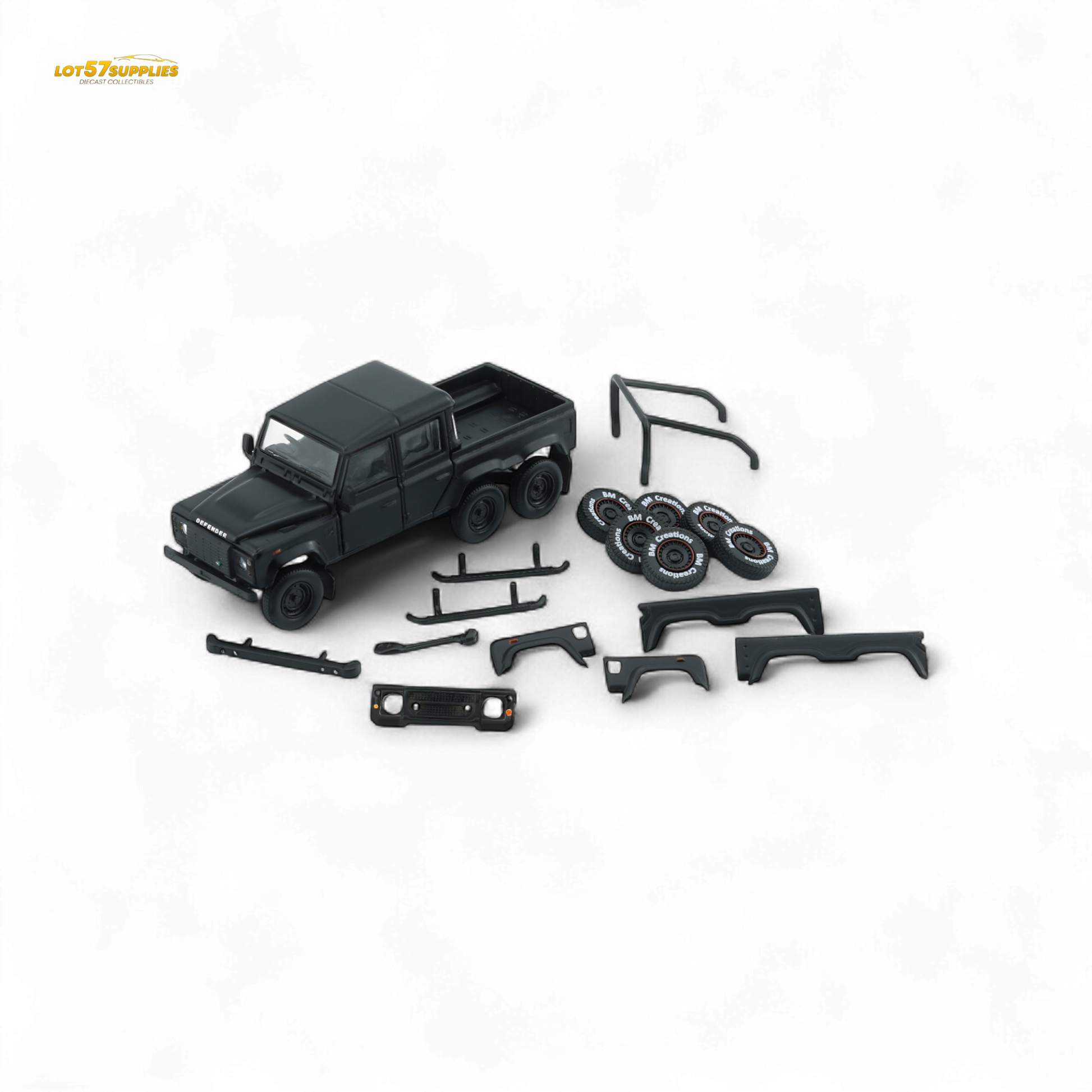 BM Creations Land Rover Defender 110 6x6 Matte Blk RHD 1:64 - Evergreen Kings
