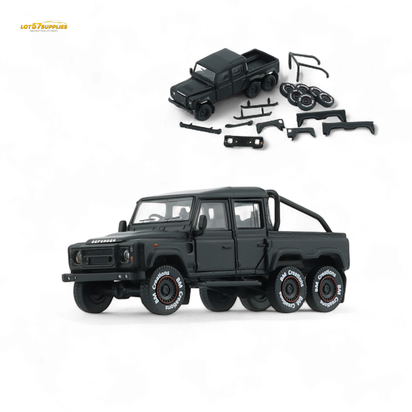 BM Creations Land Rover Defender 110 6x6 Matte Blk RHD 1:64 - Evergreen Kings