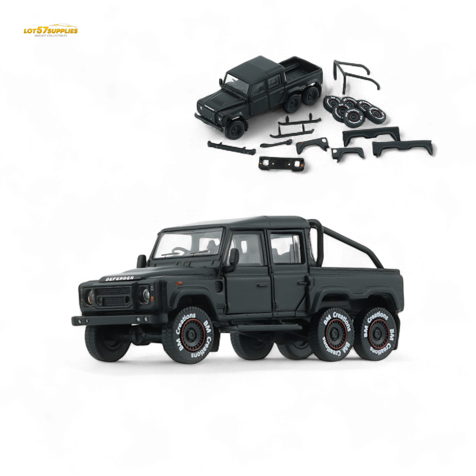 BM Creations Land Rover Defender 110 6x6 Matte Blk RHD 1:64 - Evergreen Kings