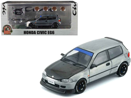 Honda Civic EG6 RHD (Right Hand Drive) Raw Metal with Carbon Hood with Alternates 1/64 Diecast Model Car by BM Creations