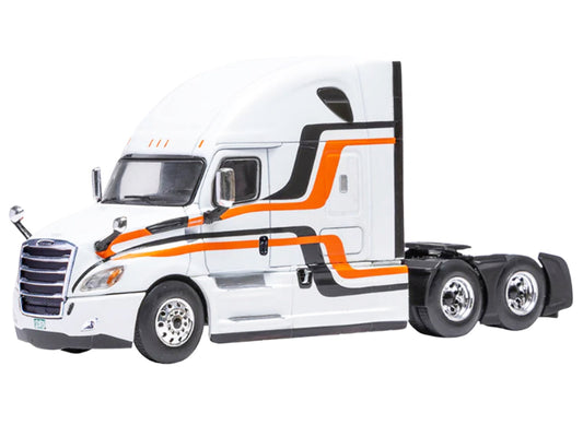 2018 Freightliner Cascadia Truck Tractor White with Black and Orange Stripes 1/64 Diecast Model by IXO Models