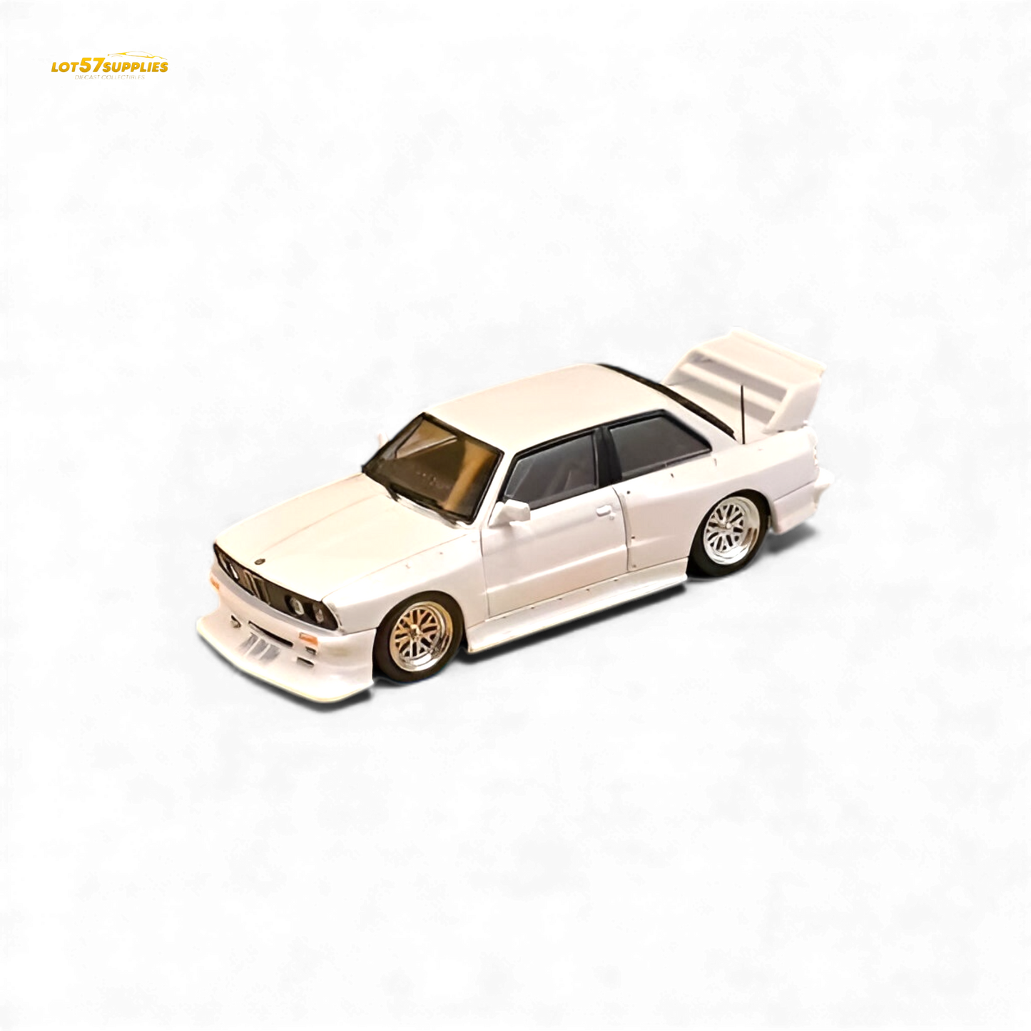 White SW BMW E30 M3 LTO diecast model in 1:64 scale, detailed replica from Lot57Supplies Diecast Shop.