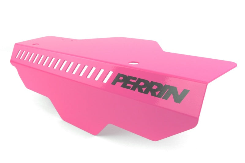 JDMuscle Perrin Hyper Pink belt cover for Subaru WRX and STI, vibrant pink belt cover on engine belt area.