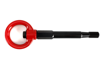 Red Perrin rear tow hook for 2008-2014 Subaru WRX and STI hatchback, JDMuscle brand, installed on the vehicle's rear bumper.
