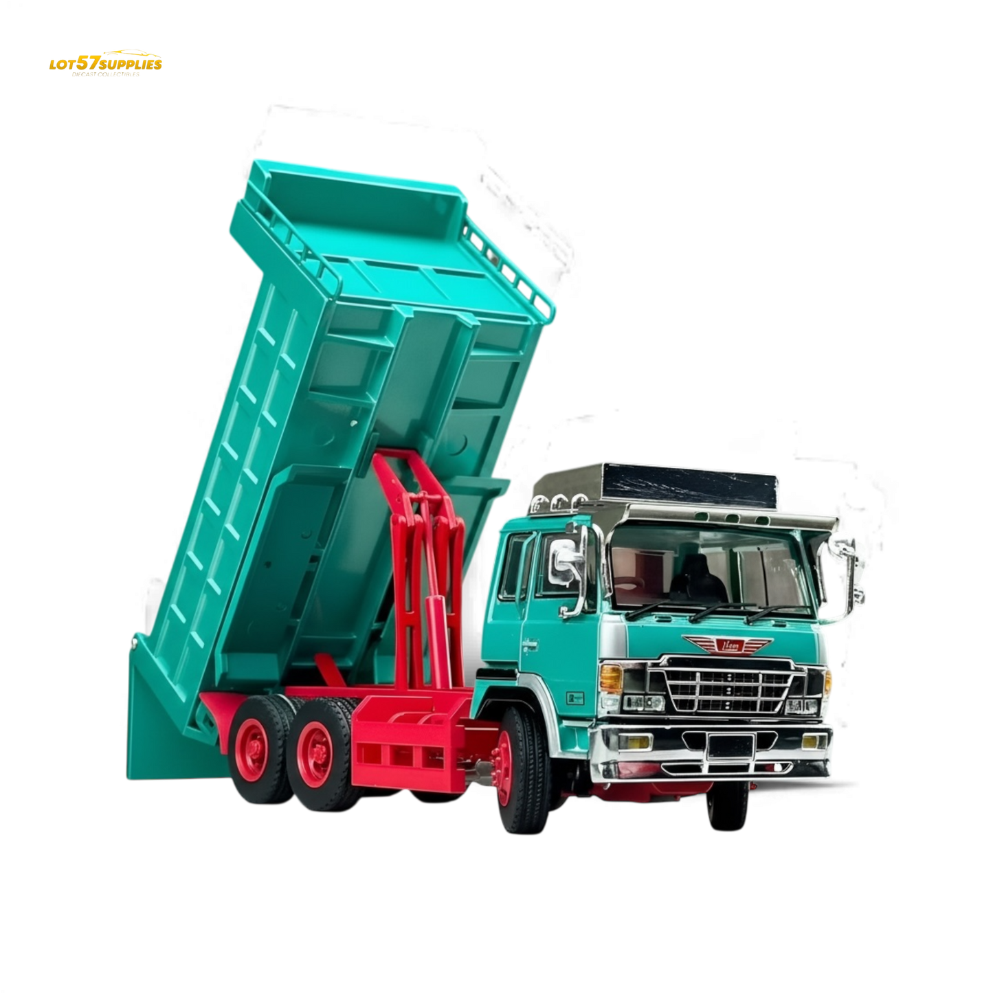 Green Hino Super Dolphin dump truck diecast model in 1:64 scale, detailed replica from Lot57Supplies Diecast Shop.