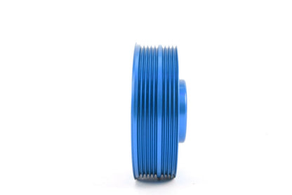 JDMuscle Perrin blue lightweight crank pulley for Subaru WRX, STI, Legacy, and Forester models, shown in blue finish.