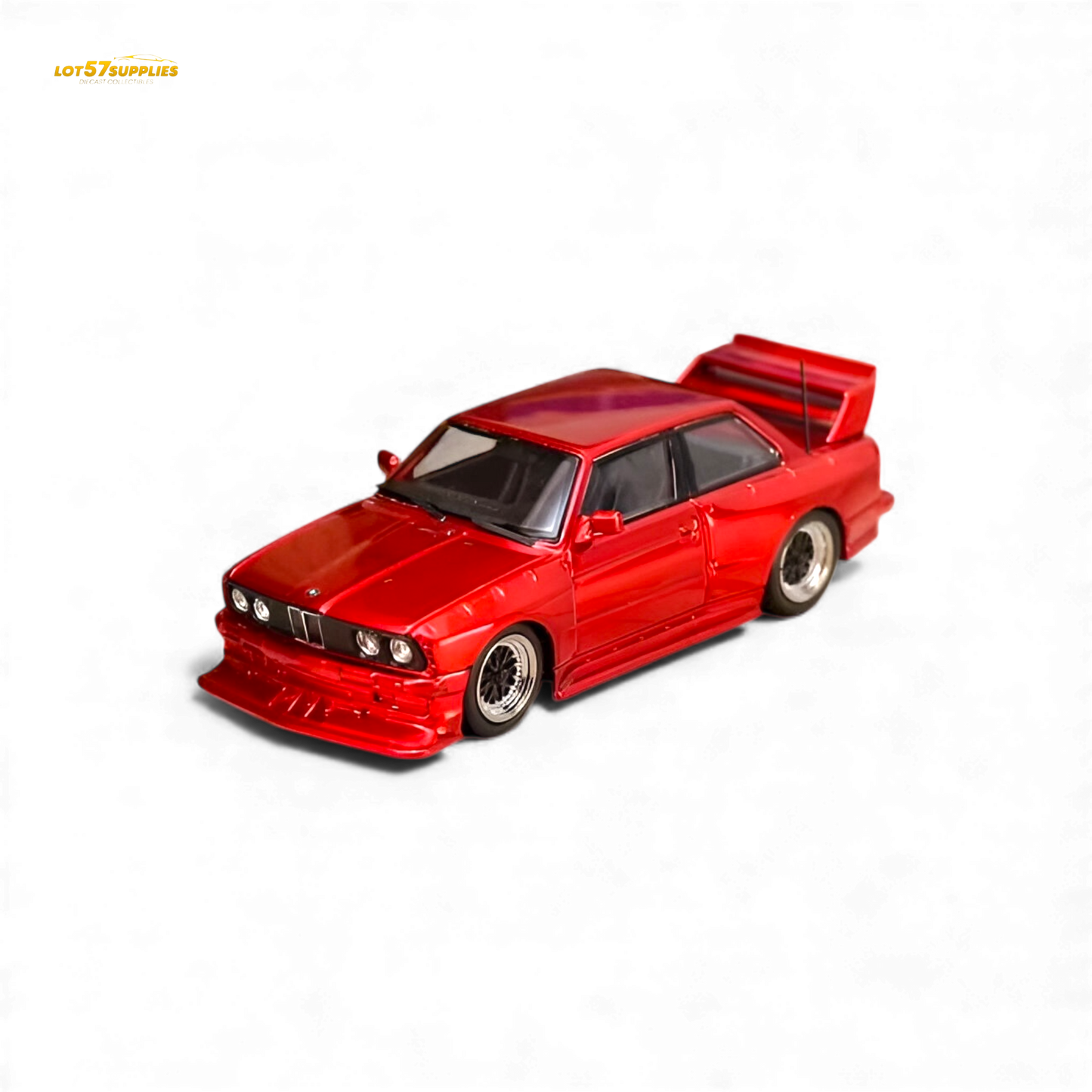 Red SW BMW E30 M3 diecast model car, 1:64 scale, with detailed modifications, from Lot57Supplies Diecast Shop.