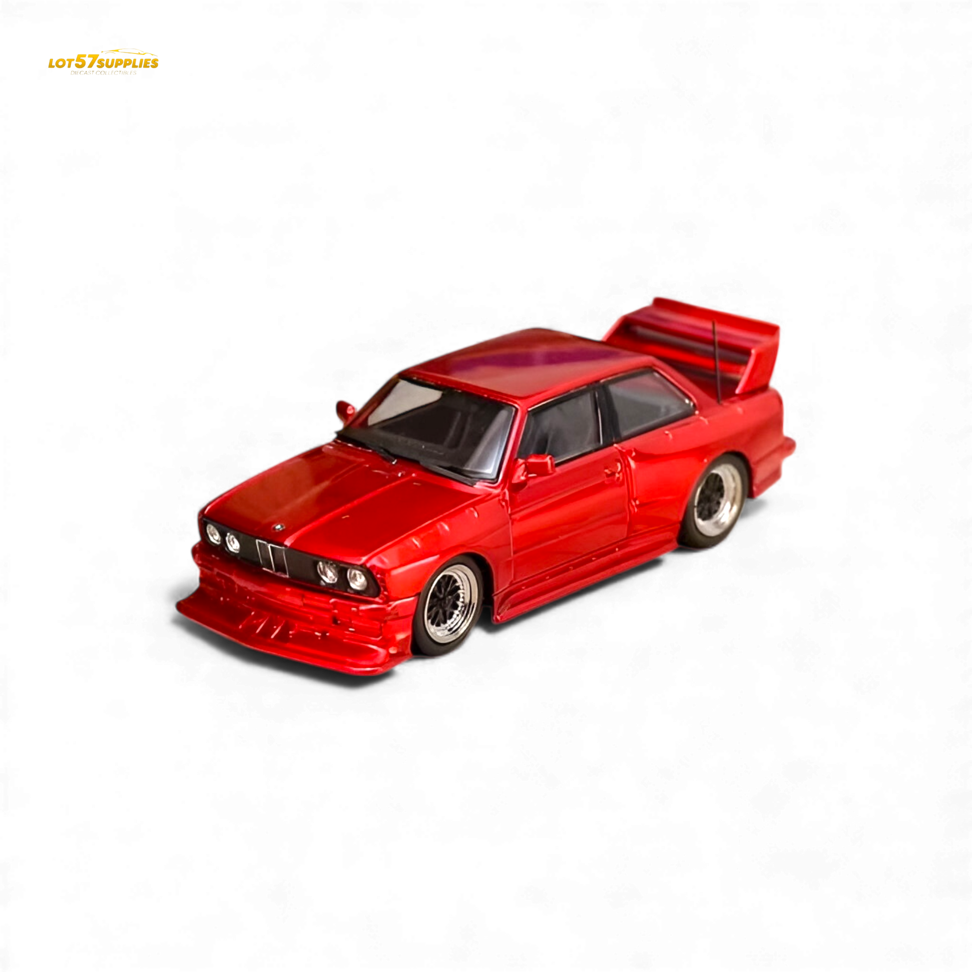 Red SW BMW E30 M3 diecast model car, 1:64 scale, with detailed modifications, from Lot57Supplies Diecast Shop.