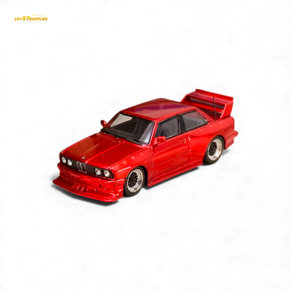 Red SW BMW E30 M3 diecast model car, 1:64 scale, with detailed modifications, from Lot57Supplies Diecast Shop.