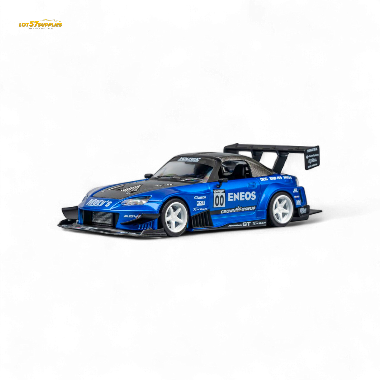 Candy blue MicroTurbo Honda S2000 diecast model by Lot57Supplies, detailed 1:64 scale toy car, ENEOS #00 Top Fuel design.