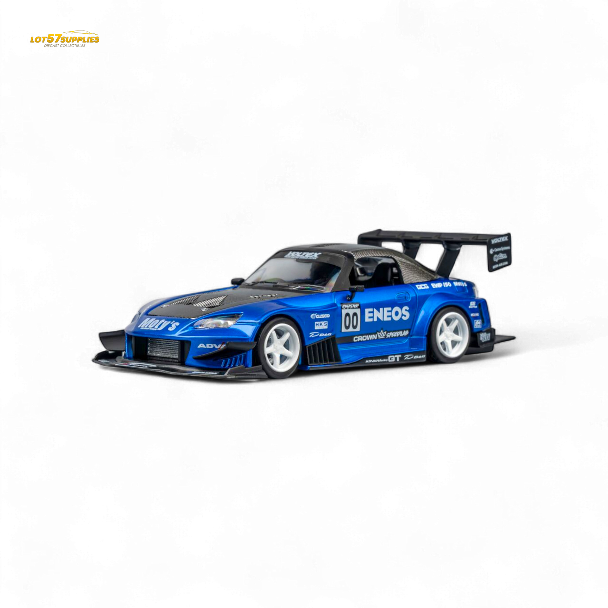 Candy blue MicroTurbo Honda S2000 diecast model by Lot57Supplies, detailed 1:64 scale toy car, ENEOS #00 Top Fuel design.