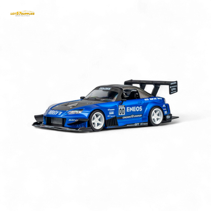 Candy blue MicroTurbo Honda S2000 diecast model by Lot57Supplies, detailed 1:64 scale toy car, ENEOS #00 Top Fuel design.