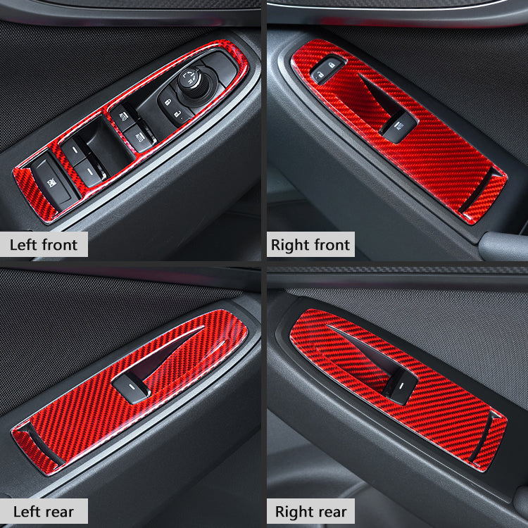 JDMuscle carbon fiber window switch trim covers set for Subaru WRX 2022-2025, black and red carbon fiber finish, 4-piece kit