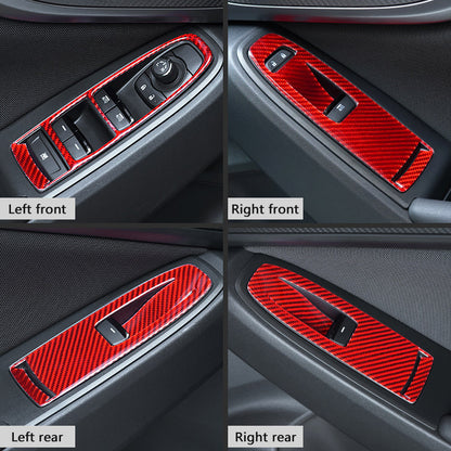 JDMuscle carbon fiber window switch trim covers set for Subaru WRX 2022-2025, black and red carbon fiber finish, 4-piece kit