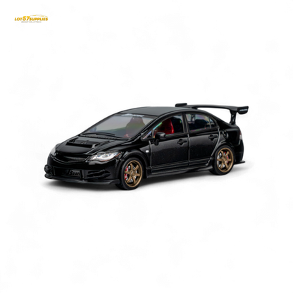 Metallic black Honda Microturbo FD2 J's Racing diecast 1:64 scale model car, detailed miniature replica of the Honda racing vehicle.