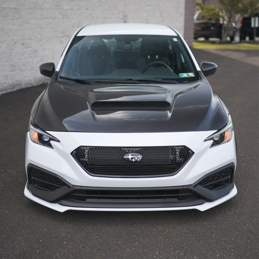 JDMuscle Tanso carbon fiber hood for Subaru WRX 22-25, OEM+ style 2-piece lightweight hood with matte finish.