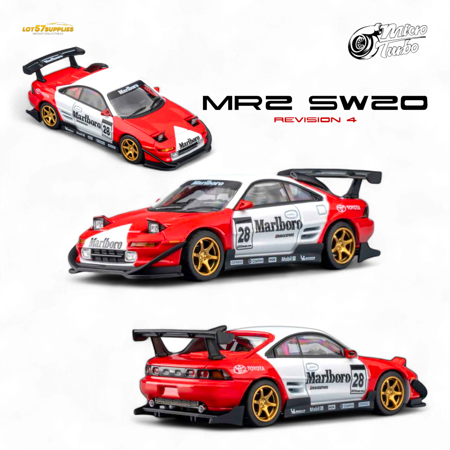 Pre-order MicroTurbo Toyota MR2 diecast model in Marlboro livery, 1:64 scale, by Lot57Supplies Diecast Shop.