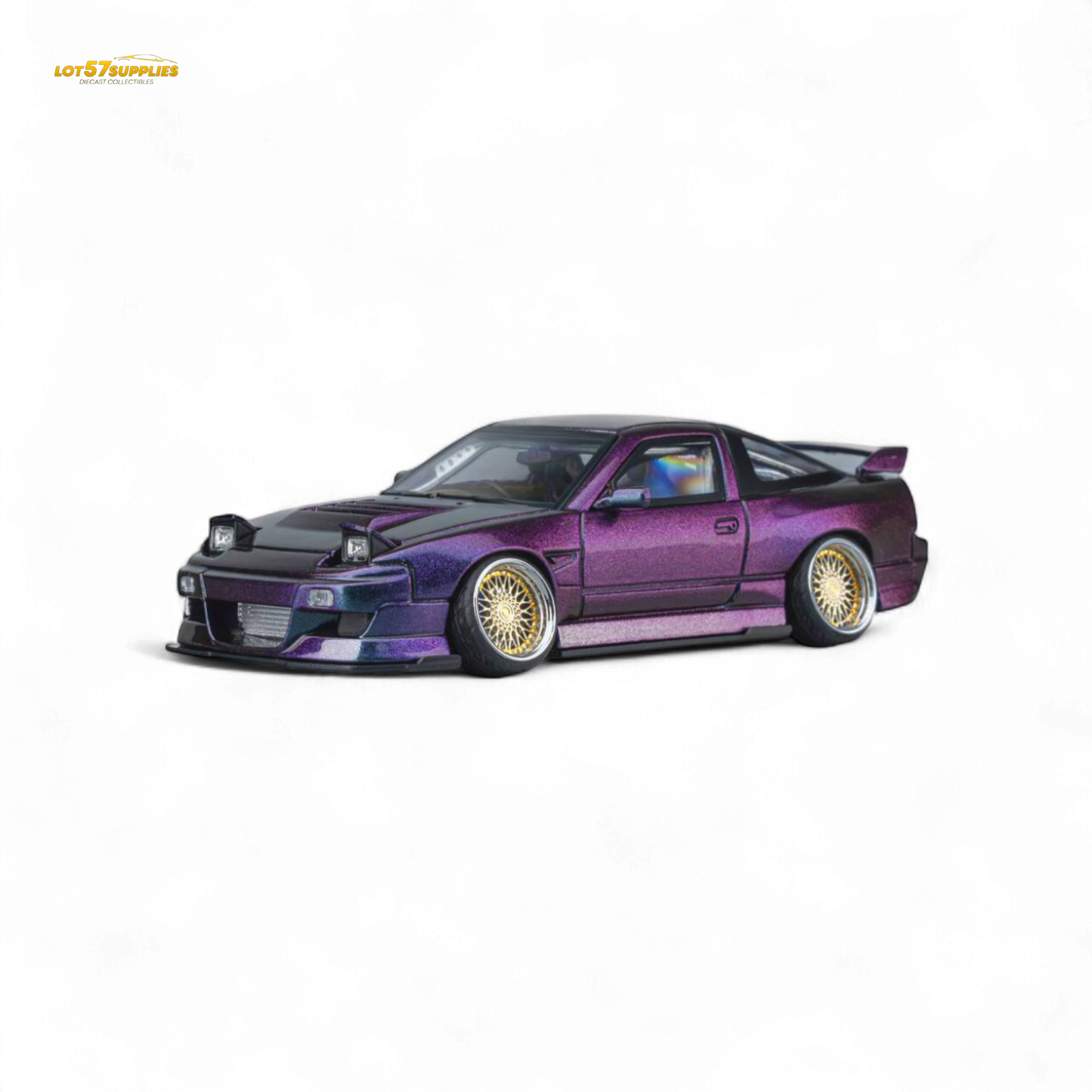 Purple chameleon Nissan 180SX MicroTurbo diecast model by Lot57Supplies, detailed 1:64 scale Nissan collectible car.