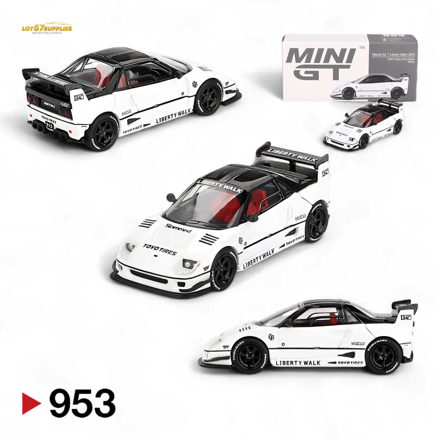 White Mini-GT Mazda AZ-1 Liberty Walk LB40 diecast model, 1:64 scale, detailed Mazda toy car with Liberty Walk styling.