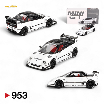 White Mini-GT Mazda AZ-1 Liberty Walk LB40 diecast model, 1:64 scale, detailed Mazda toy car with Liberty Walk styling.
