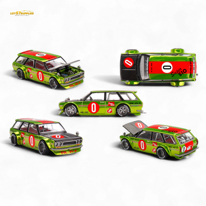 Mini GT Datsun 510 Wagon diecast model in yellow, 1:64 scale, featuring detailed exterior and authentic design.